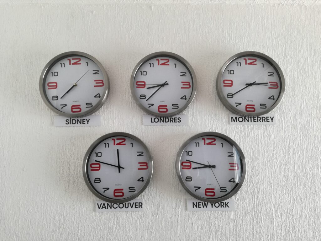 Clocks showing different world times