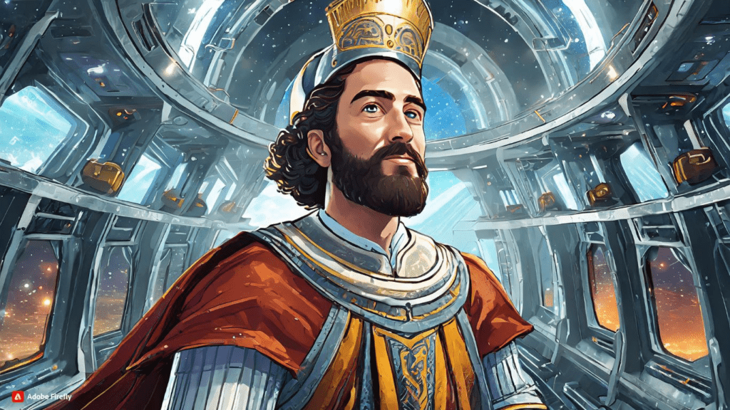An image of a Roman emperor on a space ship.