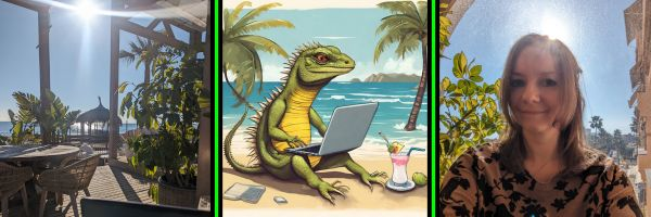 An image of a beach cafe, an AI-generated lizard sitting on the beach working on a laptop with a pina colada, and a photo of Marianne Pickles in the sunshine