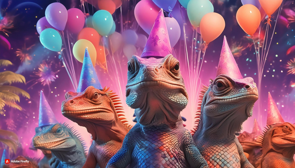 Lizards with balloons wearing party hats