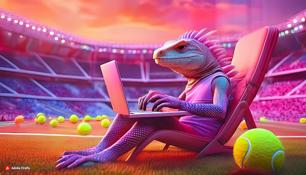 A lizard sitting on a deck chair on a tennis court while writing on a laptop